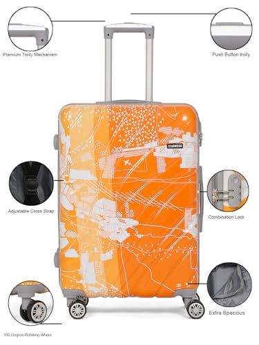 Image of Teakwood World Small 65 cm Check in Size Trolley Bag Polycarbonate 360 Degree 8 Wheels Luggage Bag with TSA Lock, Adjustable Handle Trolley Bags for Travel, Suitcase for Travel | Orange