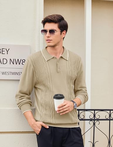 Cotrasen Mens Sweater Polo Long Sleeve Casual Collared Button Textured Sweater Fashion Fall4