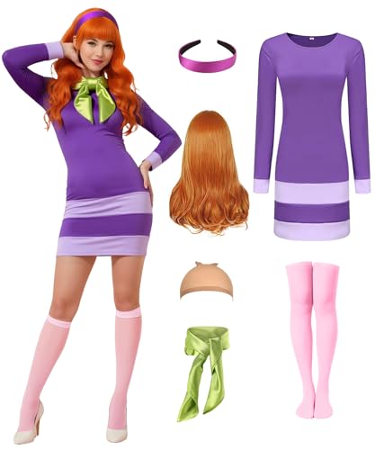Halloween Costumes Women Adult Long Sleeve Purple Cosplay Mini Dr...