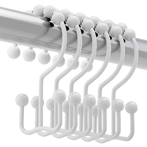 Titanker Shower Curtain Hooks Rings Rust Resistant Metal Double Glide Shower Hooks for Bathroom Shower Rods Curtains Set of 12 Hooks - White