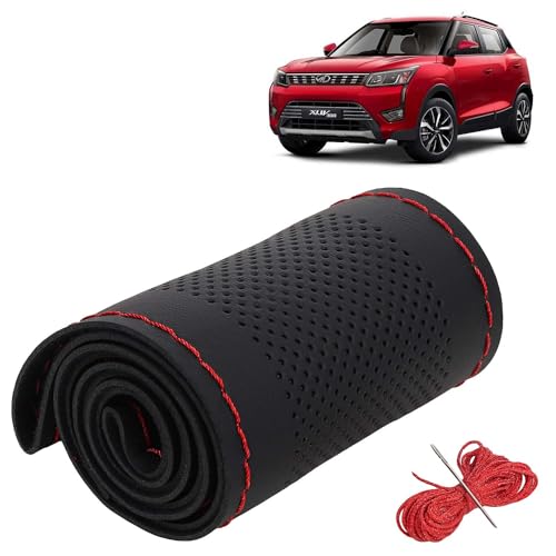 Image of KINGSWAY PU Leatherite Car Steering Cover Sewable Compatible with Mahindra XUV 300 (Year 2019 Onwards), Black Color with Red Thread, Pack of 1 with Sewing Needle and Thread