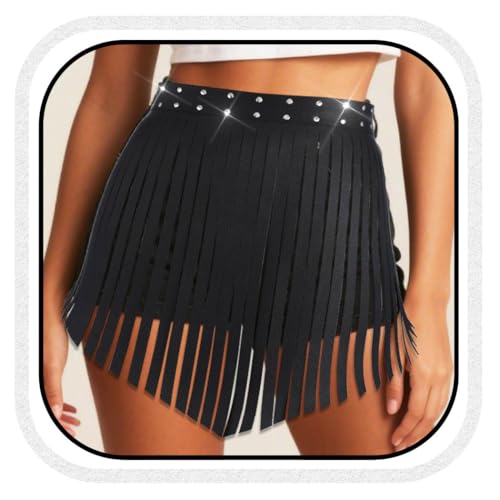 COSYDAYS Black Fringe Belt Leather Tassel Skirt Rave Halloween Waist Harness Belts for Women Cowgirl