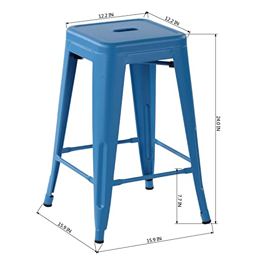 Furniturer Metal Bar Stools Set Of 4,Commercial Grade 24" High Backless Indoor-Outdoor Barstool With Square Seat，Counter Height Home Kitchen Dining Stool Backless Bar Chair, Blue, 4Pcs #TOP2