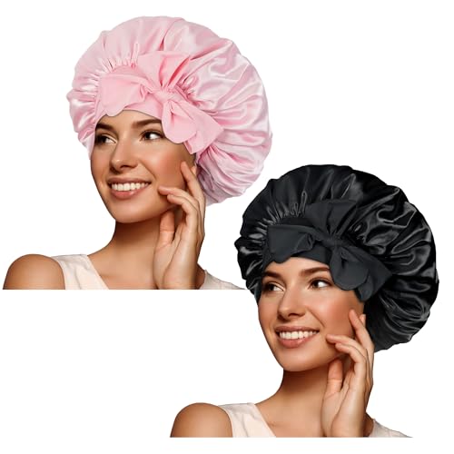 Image of BONNET QUEEN Silk Bonnet for Sleeping Satin Bonnet Hair Wrap with Tie Band Sleep Cap Night Cap for Women Curly Hair,2Pcs Black Pink