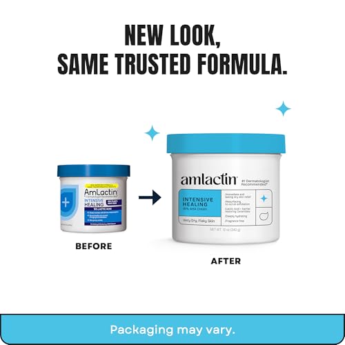 Image of AmLactin Intensive Healing - Therapeutic Body Cream for Extremely Dry Skin - No-Scrub Exfoliator and Body Moisturizer Cream with 15% Lactic Acid AHA and Ceramides, 12 oz (Packaging May Vary)