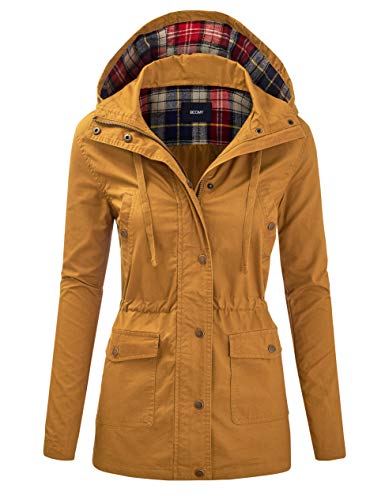 FASHION BOOMY Women's Zip Up Safari Military Anorak Jacket with Hood Drawstring - Regular and Plus Sizes Large LC-Mustard
