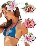 3 PCS Hawaiian Flower Hair Clips for Women Orchid Artificial Flower Hair Barrettes Hibiscus Hair Clips for Wedding Bridal Beach Party(Pink1+Rose1+Green1)