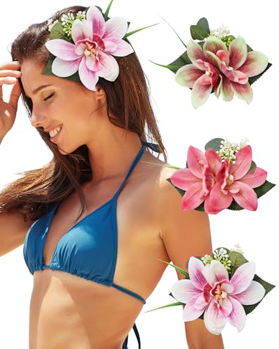 3 PCS Hawaiian Flower Hair Clips for Women Orchid Artificial Flower Hair Barrettes Hibiscus Hair Clips for Wedding Bridal Beach Party(Pink1+Rose1+Green1)