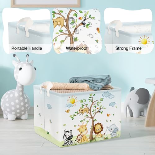 Image of Clastyle 36L Large Safari Animal Tree Baby Basket Giraffe Lion Elephant Toy Chest Bin Clothes Towel Book Shelf Basket for Kids Room Nursery | Waterproof Large Clothes Book Gift Toy Organizer Bin, Nursery Playroom Bedroom Bathroom Shelf, Safari Giraffe Lion Elephant