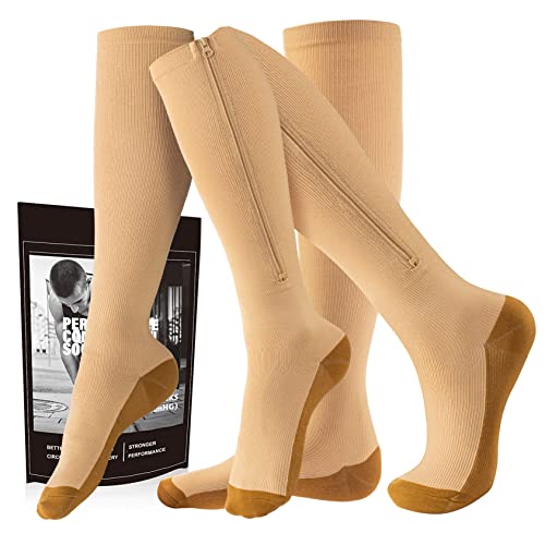 Image of cerpite Zipper Compression Socks, 2 Pairs 15-20 mmHg Closed Toe Compression Stockings for Men Women
