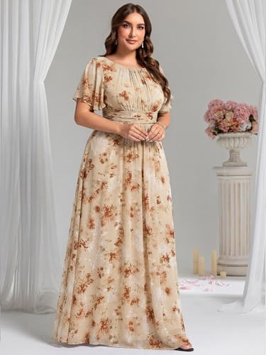Image of Ever-Pretty Plus Elegant Formal Dresses for Curvy Women Round Neck Short Sleeves Chiffon Bridesmaid Mother of The Bride Dress