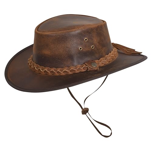 Strength Gears Leather Cowboy Hat – Australian Outback Style Western Hats for Men Leather Rancher Hat with Braided Band (US, Alpha, Medium, Button Reddish)