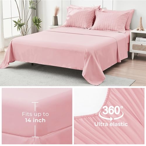 HYMOKEGE Seersucker Pink King Size Comforter Set 7 Pieces, All Season Luxury Bed in a Bag for Bedroom, Bedding Set with Comforters, Sheets, Pillowcases & Shams by HYMOKEGE - Image 5
