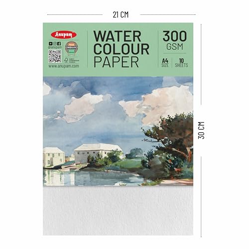 Image of Anupam Professional Watercolour Paper | A4 (30X21CM) 300 GSM Cold Pressed Paper |Acid-Free 10 Sheets| Ideal for Artist, Professional Drawing, Painting Dry & Wet, Fine Art, School, Students