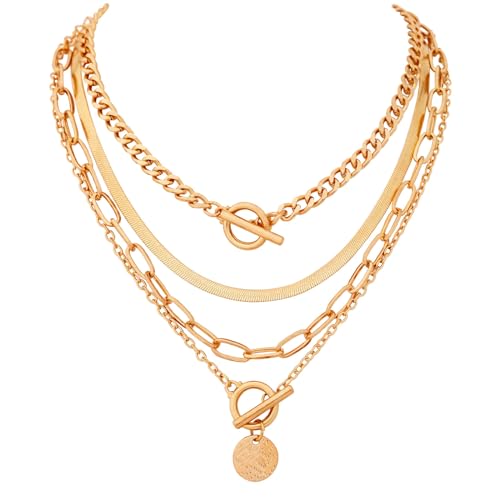 Lilbitty 4er Pack Damen-Halsketten, Schmuck Gold Ketten Set mit Edelstahl, Cuban Chain, Choker und Herringbone, Schichtbar & Elegant für Jeden Anlass