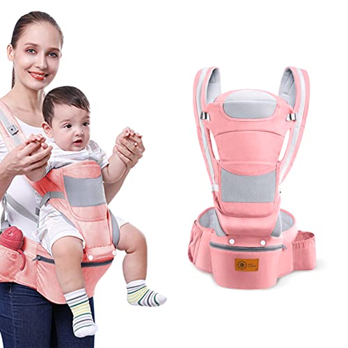 Baby Carrier with Hip Seat Lumbar Support for Newborn, Infant & Toddler, All in One Ergonomic Large Storage Capacity, 100% Cotton Lightweight and Breathable (Pink)