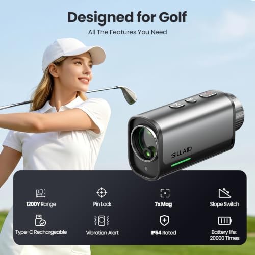 SILLAID Golf Rangefinder with Slope, 23mm Large Objective Lens Laser Rangefinder, 0.02s Fast Measurement, 7X Magnification, USB-C Rechargeable Golf Range Finders for Golf & Tournament Legal (Black) - 1
