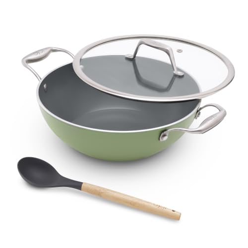 Image of Asai Ceramic Non Stick Kadai 26cm (3.5L) with Glass Lid & Spatula | Green | Swiss Ceramic Coating | Gas & Induction Compatible | Stay-Cool Handles | Lab-Tested | 100% Toxin Free | Silicone Spatula