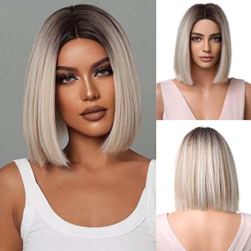 Esmee Short Straight Ombre Brown to Blonde Bob Wigs for Women Shoulder Length Synthetic Wig for Daily Party Cosplay Use