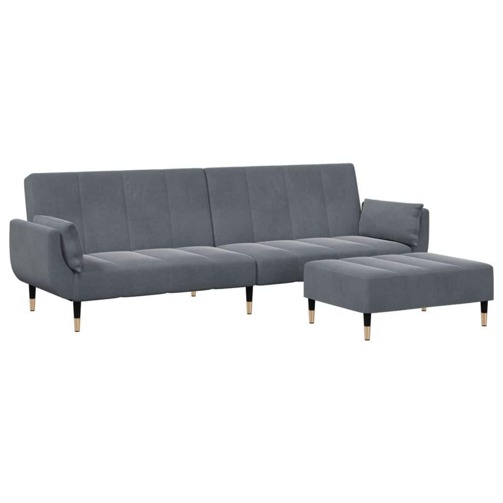 Sofá cama de 2 plazas con reposapiés y 2 almohadas, terciopelo gris