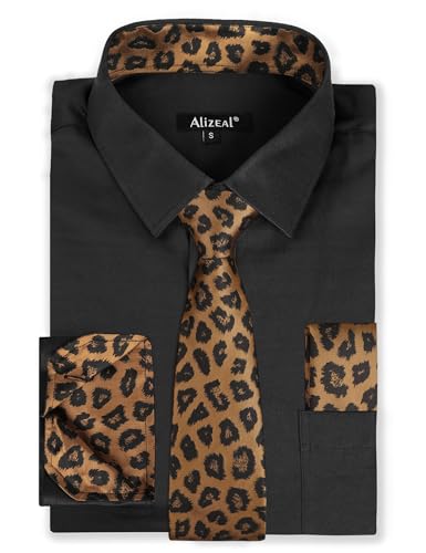 Alizeal 3pcs Mens Dress Shirt with Tie Pocket Square Set Classic Long Sleeve Shirts Matching Necktie Button Down Shirt Black+Leopard-XL