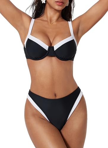 SUUKSESS Women Color Block Underwire Bikini Sets Cheeky High Cut 2 Piece Swimsuit Sweetheart V Neck Push Up Bathing Suit(Black White,M)