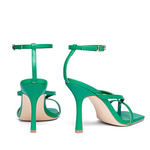 Elisabet Tang Womens Square Toe Heeled Sandals,4.3 inch Square Toe Thong Strappy Ankle Strap Stiletto Heel Sandals Wedding Dress Party Shoes Green Size 6