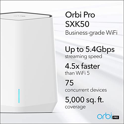 Image of NETGEAR Orbi Pro WiFi 6 Tri-Band Mesh System (SXK50), Router with 1 Satellite Extender for Business or Home, VLAN, QoS, Coverage up to 5,000 sq. ft, 75 Devices, AX5400 802.11 AX (up to 5.4Gbps)