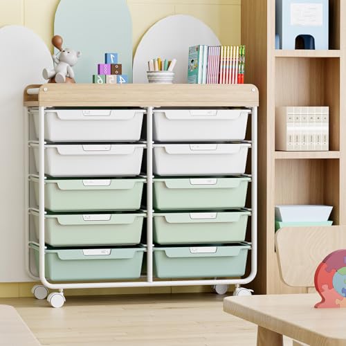 KINGRACK Rollcontainer mit 10 Schubladen, Rollwagen mit Schubladen für Bastelbedarf, Kunstmaterialien, Home Offices und Klassenzimmer (Grün)
