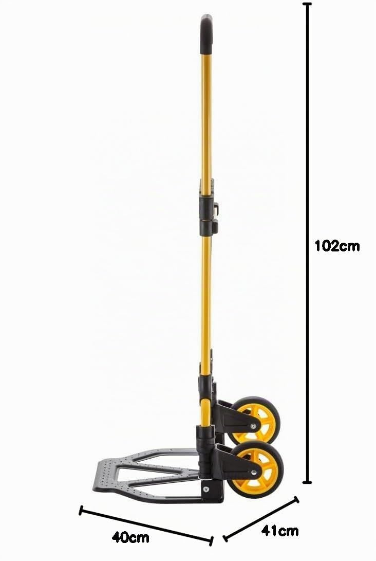 Chariot de manutention Acier, Pliable, Base 39X29cm, capacité 70kg. Dimensions Ouvert : 40x41x102cm, plié : 39x6x73 cm. Roues 12,7x4 cm Caoutchouc. Poids 4,56 kg. Cordes de Maintien.