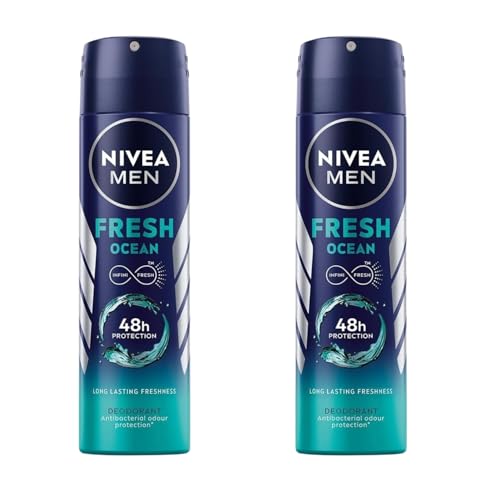 NIVEA MEN Fresh Ocean Deodorant Spray with Ocean Extracts Long-Lasting Aqua Scent Odor Protection & Skin Care 150ml Body Spray for Men Fresh Citrus Lavender & Amber Fragrance Pack of 2