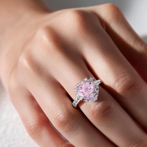 925 Sterling Silver Pink Heart Diamond Engagement Ring - Premium 18K White Gold Plated - Elegant Pink Ring for Women's Anniversary, Wedding3