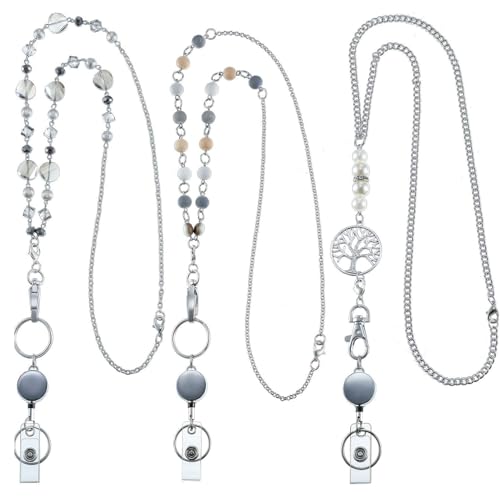 3Pcs Retractable Badge Reel Lanyard, Metal Badge Lanyard Necklace with ID Holder Clip, Beaded Chain Necklace Retractable Lanyard for Keys Teacher Nurses Doctors Workers Students