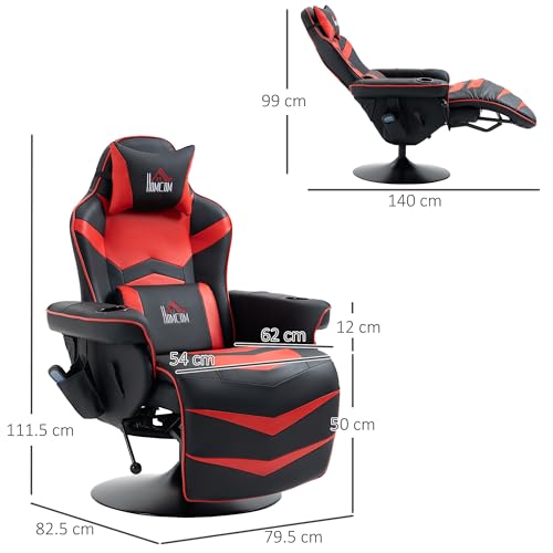 Sedia da Gaming Massaggiante e Reclinabile con Poggiapiedi, Portabicchieri e Cuscino, Sedia Ergonomica in Finta Pelle, Acciaio, 79.5x82.5x111.5 cm, Nero e Rosso - Sedia gaming - Immagine 2