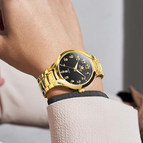Image of OLEVS Watches for Men Original Luxury Analog Quartz Easy Read Mens Watch Stainless Steel Waterproof Calendar Gold Male Wrist Watch