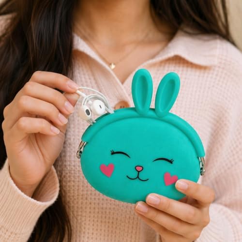 Image of FunBlast Cute Bunny Shape Silicone Coin Purse for Kids & Adults - Mini Pouch for Coins, Earphones, Keys & Small Essentials, Aesthetic Pouches for Girls & Women - 12 X 9.5 X 3 Cm (Bunny-Green)