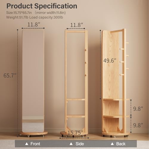 Image of WoodsWhisper Full Length Mirror Coat Rack Solid Wood Floor Mirror 66 inchx12 inch Full Length Mirror with Stand Long Mirrors for Bedroom,Living Room (Natural-Mobile, 66 inch Lx12 W)