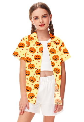 Image of Remimi Unisex Kids Halloween Shirt Boys Pumpkin Ghost Shirts Hawaii Button Up Tops 5-14 Years
