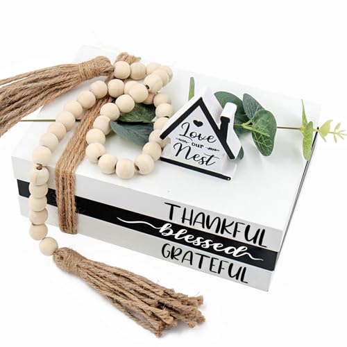 Wooden Farmhouse Stacked Books Set Home Decor Farmhouse Stacked Faux Black White Wooden Books with Wood Bead Garland for Coffee Tables Home Office Living Room Book Shelf Decor (Blessed-4)