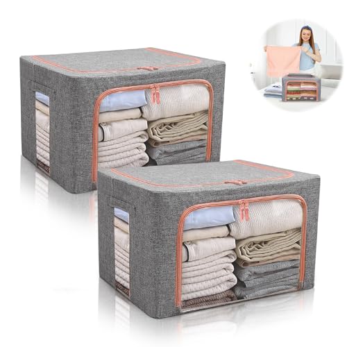 Minicoco Grandi borse portaoggetti per armadio, confezione da 2 scatole pieghevoli in tessuto Oxford con telaio in acciaio, finestra trasparente e maniglie per il trasporto per traslochi per