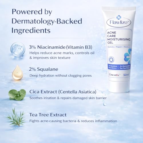 Image of Acne Care Moisturising Gel with 2% Squalane, 3% Niacinamide, Hydrating & Oil-Control Formula, Repairs Skin Barrier Reduces Redness & Acne, For Acne prone Skin, Dermatologically Tested, 50 ml