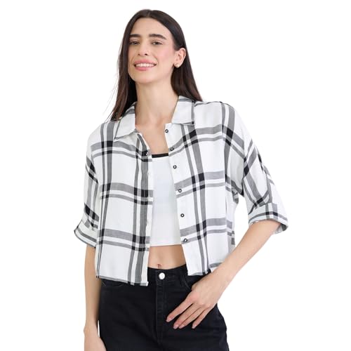 Image of Chimpaaanzee Women Checks Half Sleeve Crop Shirt