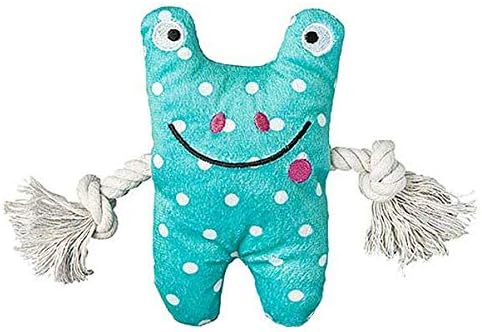 Patchwork Pet Frog Greybar Premium Dog Toy Plush w Pull Through Rope Squeaker