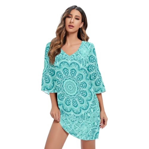 Robe en mousseline de soie imprimée mandala turquoise au drapé fluide haut de gamme