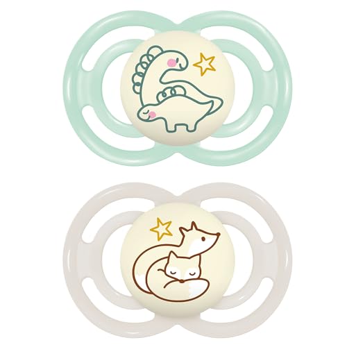 MAM Chupete que Brilla en la Oscuridad, a Partir de 6 Meses, Tetina Extra Delgada y Flexible de Silicona de Fácil Aceptación, con Caja Autoesterilizadora, MAM Perfect, Neutro Brillante, Pack 2uds