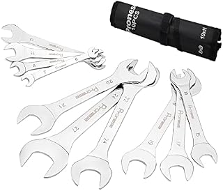 Pronese 10 Pack Super-Thin Open End Wrench Set,Carbon Steel with Mirror Polish,Metric,Including 6~27mm, Placed in A Rolling Pouch