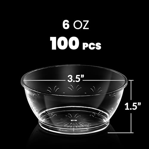 JoyServe Clear Mini Plastic Bowls - (Bulk 100 Pack) 6 Oz Disposable Premium Hard Plastic Dessert Bowls for Serving, Weddings, Catering, Parties, Salsa, Home or Event Party Supplies