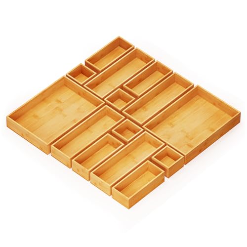 SpaceAid 14-Piece Bamboo Drawer Organizer Storage Boxes Set, Wood Tray