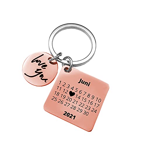 PREMIUM Schlüsselanhänger Herz-Tag-Kalender mit edler Datum Gravur Personalisiert und Beidseitig bedruckt I Jahrestag Individuell graviert I Ich liebe dich Partner Geschenk am Schlüsselband (Roségold)