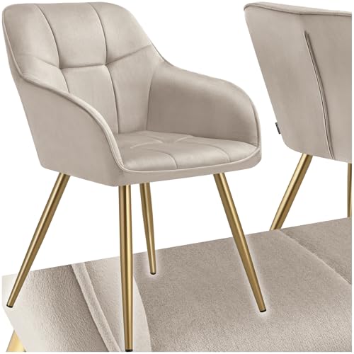 tectake® Samt Stuhl, Esszimmerstuhl mit Stepp Samtstoff, Küchenstühle modern, gemütlicher Sessel Wohnzimmer, Armlehnstuhl Esszimmer, Dining Lounge, Schminktisch Stuhl - Taupe/Gold